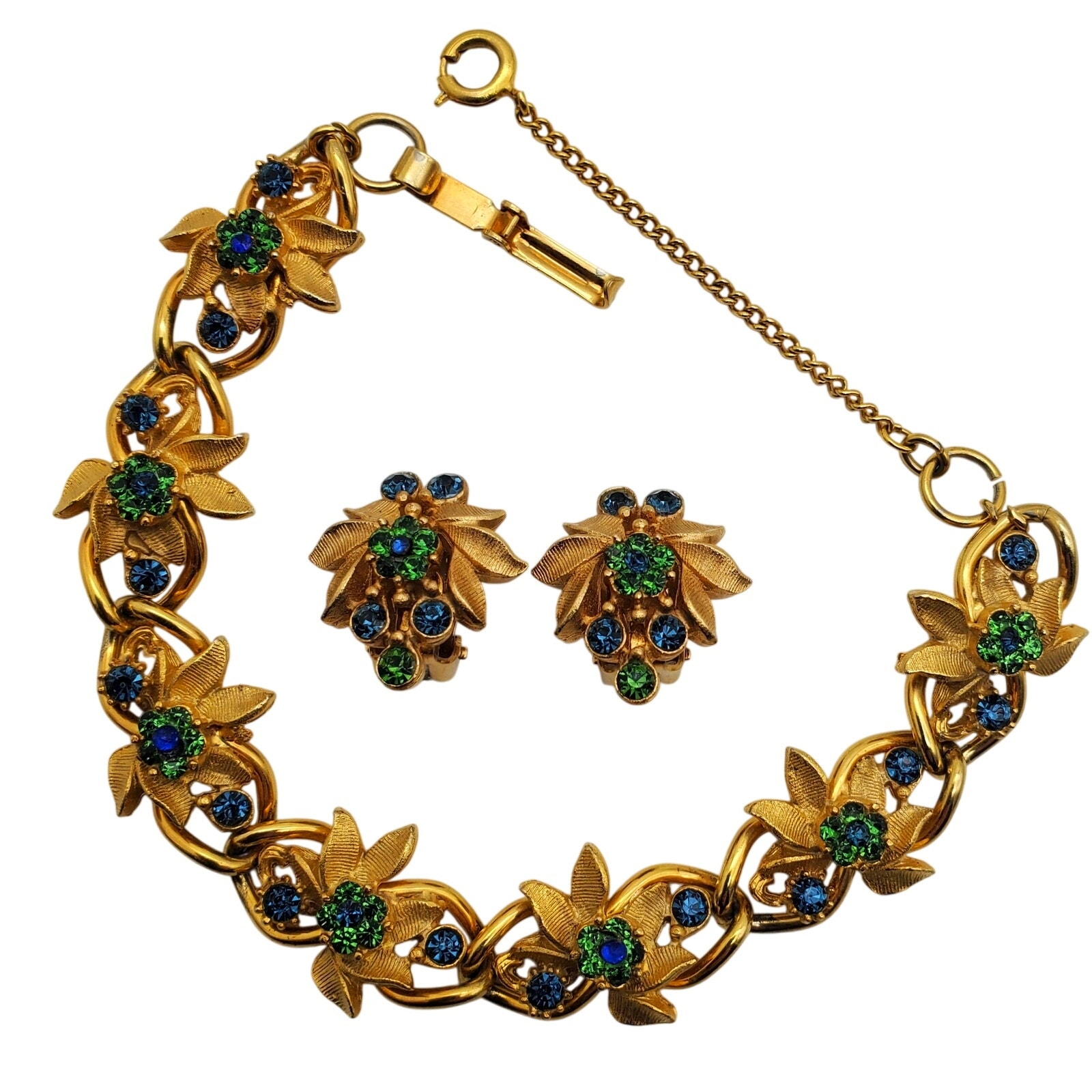 Florenza Blue Green Rhinestone Bracelet Earrings Clip On Gold Leaves Vintage Set 90$